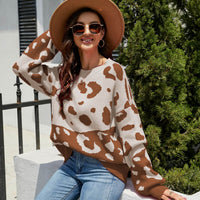 Leopard Ribbed Trim Dropped Shoulder Sweater