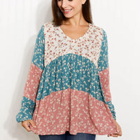 ODDI Full Size Contrast Floral Babydoll Blouse