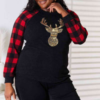 Heimish Full Size Sequin Reindeer Graphic Plaid Top