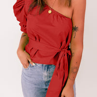 Tied Puff Sleeve One-Shoulder Top