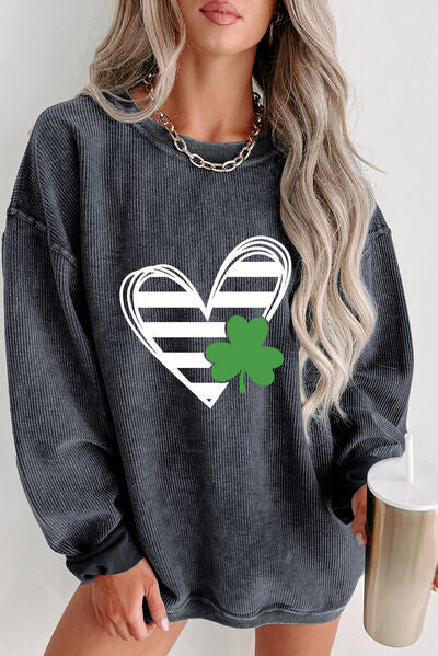 Heart Lucky Clover Round Neck Dropped Shoulder Sweatshirt