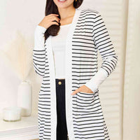 Double Take Striped Open Front Longline Cardigan