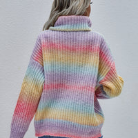 Rainbow Rib-Knit Turtleneck Drop Shoulder Sweater