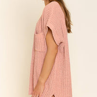 POL Rib-Knit V-Neck Slit High-Low Short Sleeve Sweater