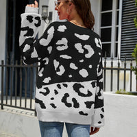 Leopard Ribbed Trim Dropped Shoulder Sweater