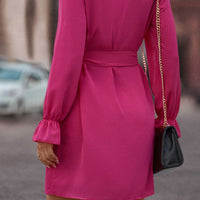 Ruffled Flounce Sleeve V-Neck Belted Dress