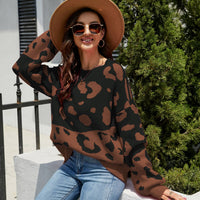 Leopard Ribbed Trim Dropped Shoulder Sweater