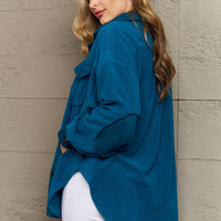 Zenana Cozy in the Cabin Full Size Fleece Elbow Patch Shacket in Teal