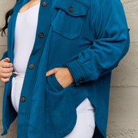 Zenana Cozy in the Cabin Full Size Fleece Elbow Patch Shacket in Teal