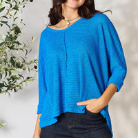 Zenana Full Size Round Neck High-Low Slit Knit Top