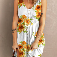 Sunflower Print Button Down Sleeveless Dress