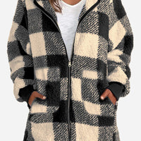 Double Take Full Size Plaid Long Sleeve Hooded Coat