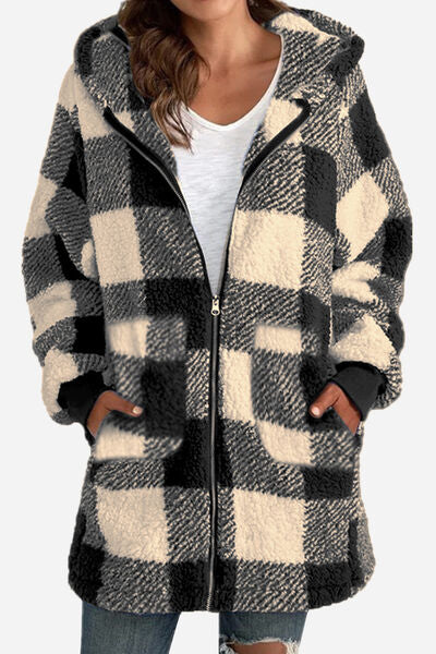 Double Take Full Size Plaid Long Sleeve Hooded Coat