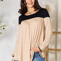 BOMBOM Contrast Long Sleeve Ruched Blouse