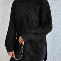 Full Size Turtleneck Rib-Knit Slit Sweater