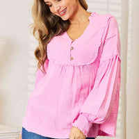 Double Take Exposed Seam Buttoned Notched Neck Blouse