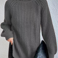 Full Size Turtleneck Rib-Knit Slit Sweater