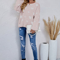 Heart Print Fuzzy Crewneck Long Sleeve Sweater
