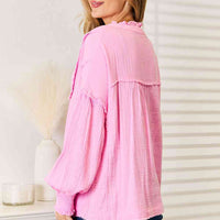 Double Take Exposed Seam Buttoned Notched Neck Blouse