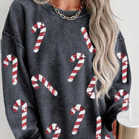 Sequin Candy Cane Round Neck Sweatshirt