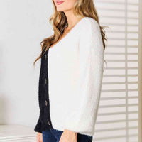 Woven Right Contrast Button-Front V-Neck Cardigan