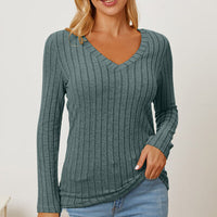 Basic Bae Full Size Ribbed V-Neck Long Sleeve T-Shirt