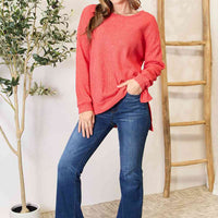 Basic Bae Round Neck Drop Shoulder Slit Sweatshirt