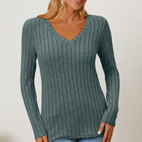 Basic Bae Full Size Ribbed V-Neck Long Sleeve T-Shirt