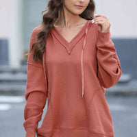 Exposed Seam V-Neck Drawstring Hoodie