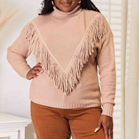 Woven Right Turtleneck Fringe Front Long Sleeve Sweater