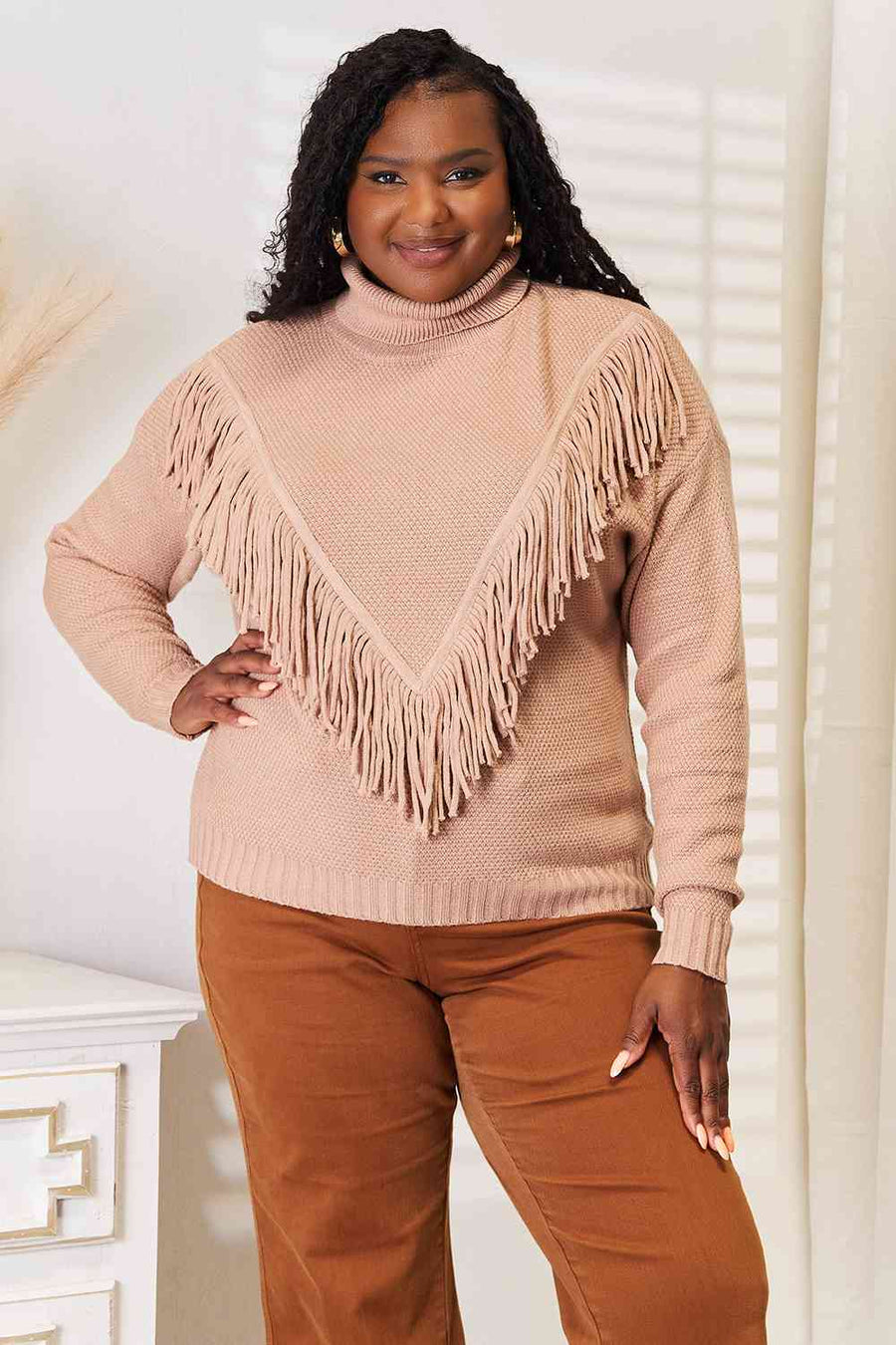 Woven Right Turtleneck Fringe Front Long Sleeve Sweater