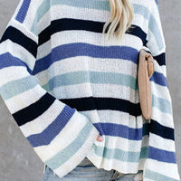 Striped Slit Round Neck Dropped Shoulder Sweater