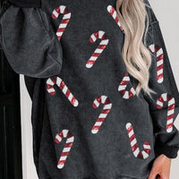 Sequin Candy Cane Round Neck Sweatshirt