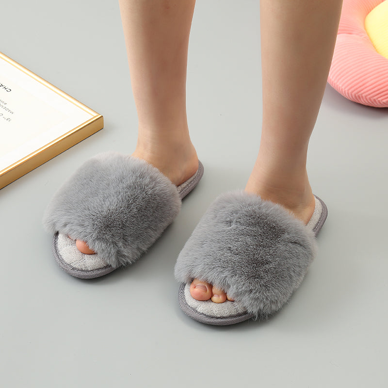 Faux Fur Open Toe Slippers