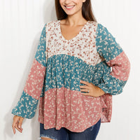 ODDI Full Size Contrast Floral Babydoll Blouse