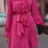 Ruffled Flounce Sleeve V-Neck Belted Dress