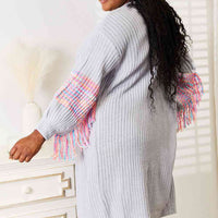 Woven Right Fringe Sleeve Dropped Shoulder Cardigan