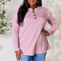 Celeste Full Size Texture Half Button Long Sleeve Blouse