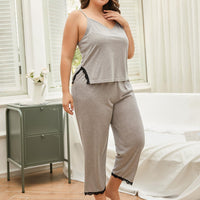 Plus Size Lace Trim Slit Cami and Pants Pajama Set