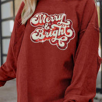 Ribbed Sequin Letter Graphic Round Neck Long Sleeve Sweatshirt