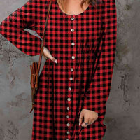 Double Take Full Size Plaid Round Neck Long Sleeve Magic Dress