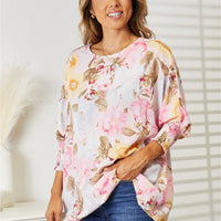 Double Take Floral Round Neck Three-Quarter Sleeve Top