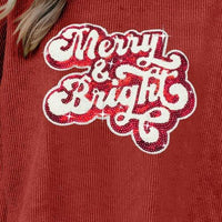 Ribbed Sequin Letter Graphic Round Neck Long Sleeve Sweatshirt