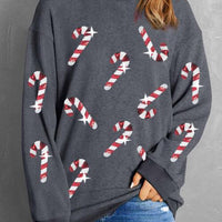 Sequin Candy Cane Round Neck Sweatshirt