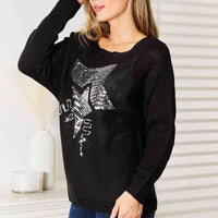 Double Take Sequin Graphic Dolman Sleeve Knit Top