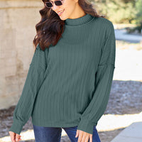 Basic Bae Full Size Ribbed Exposed Seam Mock Neck Knit Top