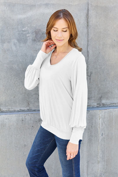 Basic Bae Full Size V-Neck Lantern Sleeve Blouse