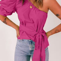 Tied Puff Sleeve One-Shoulder Top