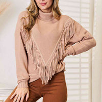 Woven Right Turtleneck Fringe Front Long Sleeve Sweater