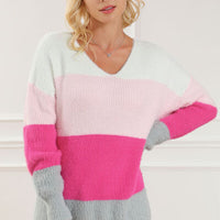 Color Block V-Neck Dropped Shoulder Sweater